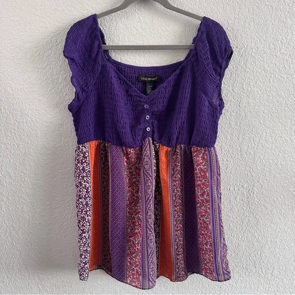 Lane Bryant Smocked Babydoll Top Purple Boho Patchwork | Size 14/16 | NWT - Picture 2 of 12
